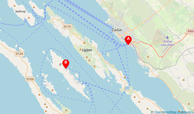 Map of ferry route between Zadar and Veli Iz